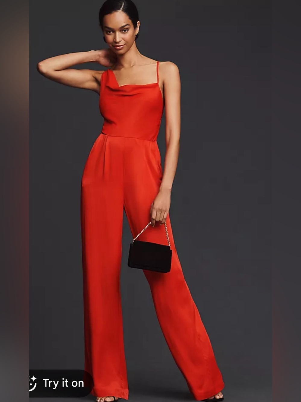 Anthropologie cowl neck strappy wide leg satin jumpsuit red size 8